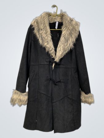 Black Faux Suede Coat with Faux Fur Trim and Toggle Closures