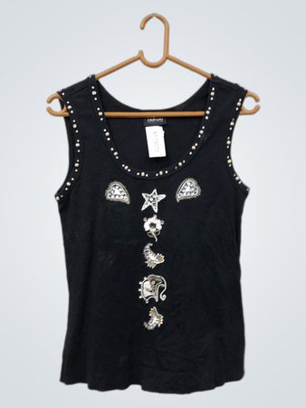 Schwarzes ärmelloses Top mit Perlen- und verziertem Design