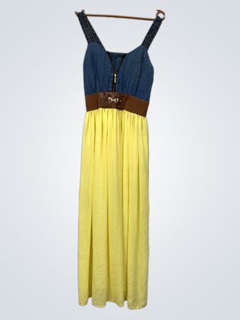 Denim- und gelbes Maxikleid mit Gürtel