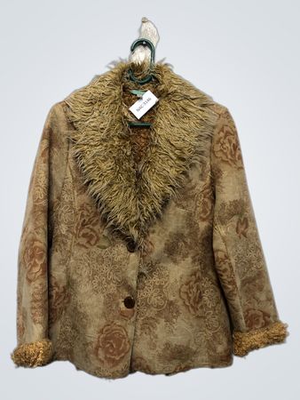 Braune Jacke mit Blumenmuster und Kunstpelzkragen und -manschetten
