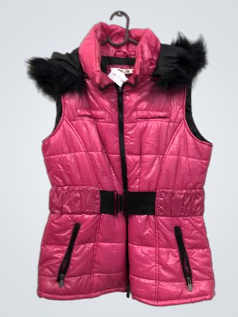 MSHLL GIRL Colete Puff Rosa com Cinto Preto e Capuz com Acabamento em Pelo