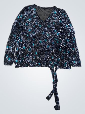 Multiples Damen Schwarz-Blau Gemustertes Oberteil mit V-Ausschnitt, langen Ärmeln und vorn gebundenem Saum