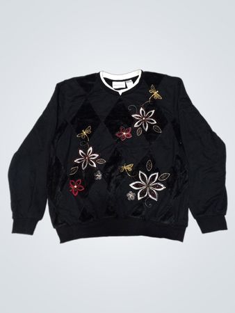Alfred Dunner Schwarzes Sweatshirt mit floraler Stickerei und Libellenmotiv