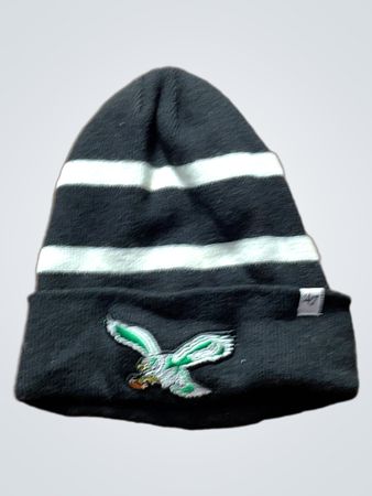 Black and White Striped Beanie with Embroidered Eagle