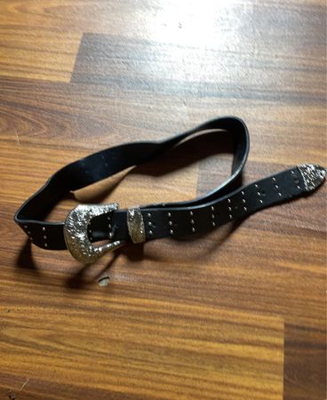 Black Leather Belt with Silver Buckle and Rivets