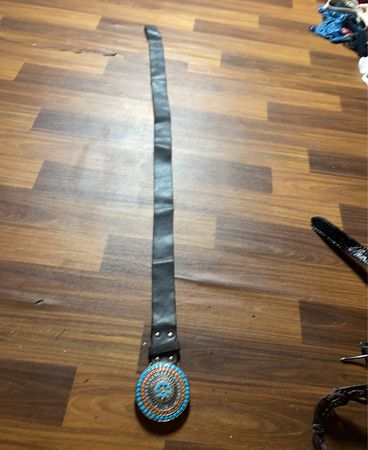 Leather Belt with Turquoise and Orange Buckle