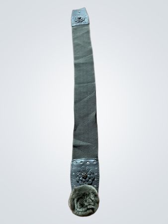Gray Fabric Guitar Strap with Leather Ends and Fur Pom