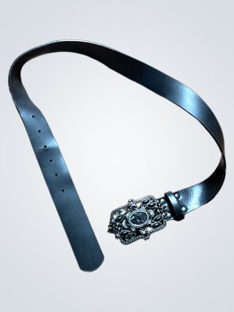 Black Leather Belt with Ornate Buckle