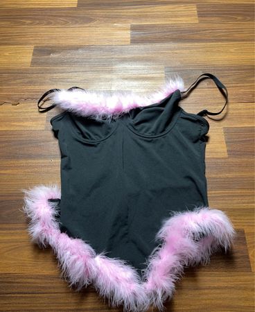 Unbranded Black Bodysuit with Pink Fur Trim