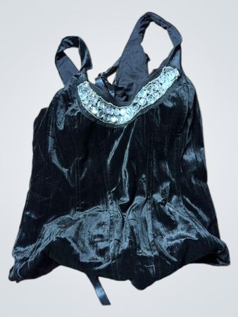 Schwarzes Samt-Corsage-Top mit Strassverzierung und Schnürung hinten