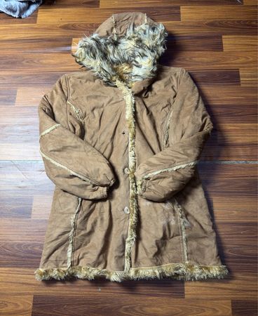 Brown Faux Suede Fur Lined Hooded Coat