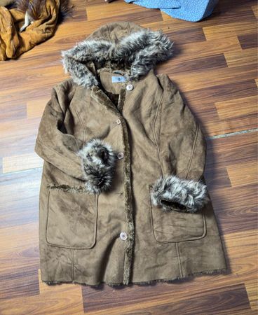 Brown Faux Suede Coat with Fur Trim