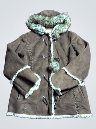 Brown Faux Suede Hooded Jacket with Faux Fur Trim
