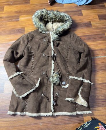 Brown Faux Suede Jacket with Faux Fur Trim and Hood