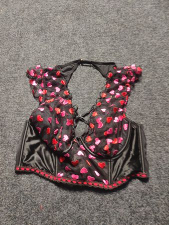 Victoria's Secret Black Heart Print Lace Trim Corset Bra
