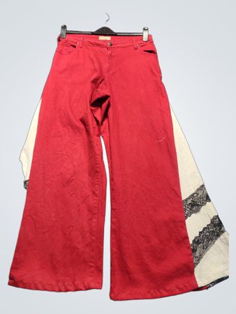Upcycled Earl Jean Red Wide Leg Jeans with Lace Accents