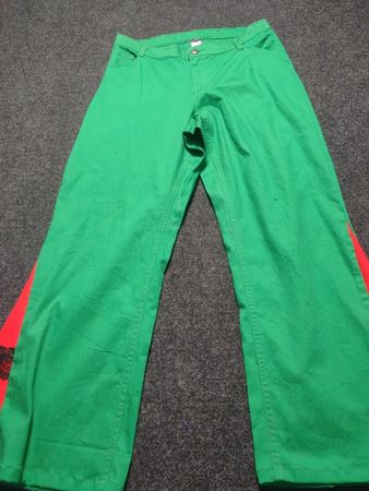 Upcycled Beverly Hills Green Pants with Red Accents and Floral Embroidery