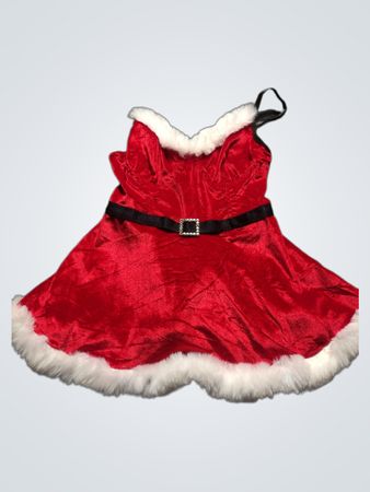 Rotes Santa-Kleid mit schwarzem Gürtel und weißem Pelzkante