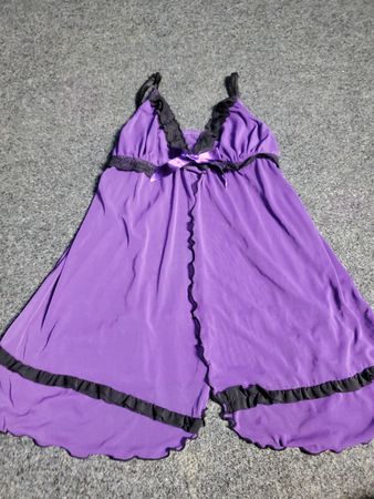 Purple babydoll nightgown with black trim