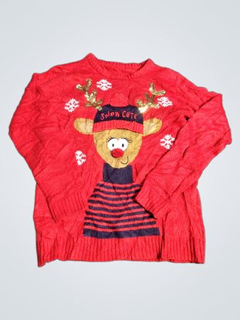 Red Christmas Sweater with Reindeer and Snow Cute text