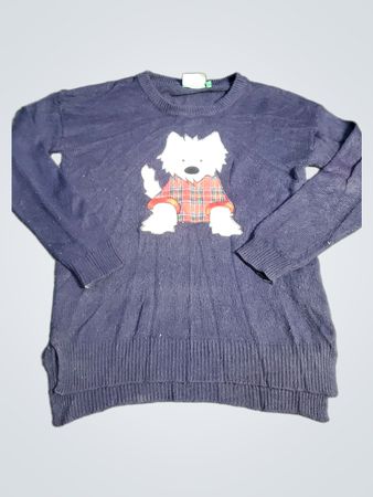 Pull bleu marine avec graphique de chien et étiquette "Joyeux Noël Amour Âme Vaillante