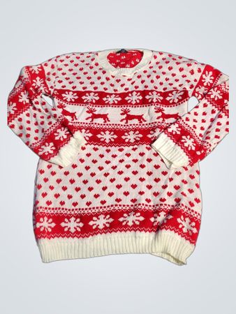 White and Red Christmas Sweater with Reindeer and Snowflake Pattern