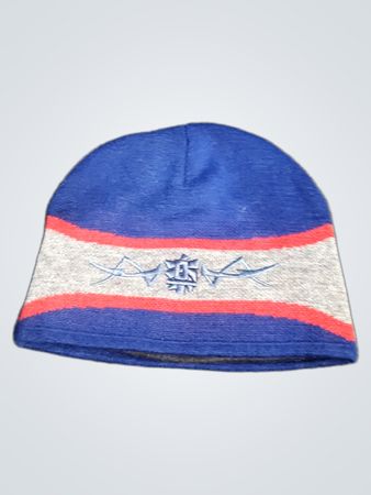 Blue and grey beanie with red stripes