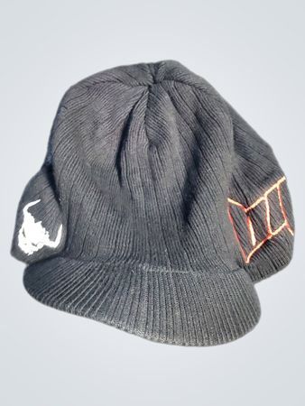 Black knit beanie with embroidered designs
