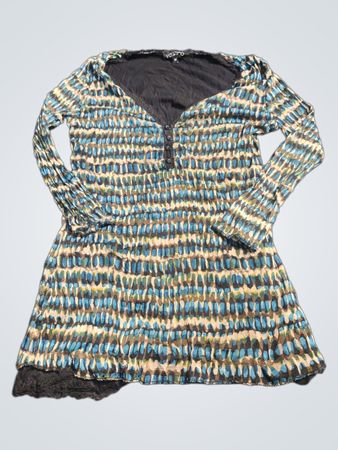Vestino Damen Blau gemustertes Langarm-Tunikaoberteil mit Spitzenbesatz