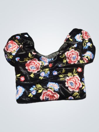 Schwarzes Samt-Top mit Blumenstickerei, Puffärmeln, kurz geschnitten, mit Reißverschluss