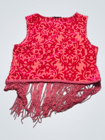 New Look Rot Samt Burnout Cropped-Top mit Fransen
