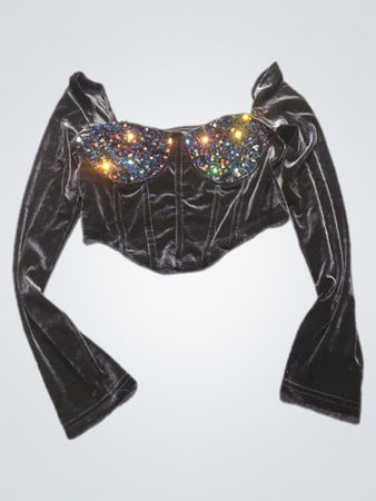 Black velvet corset top with sequined bust and bell sleeves