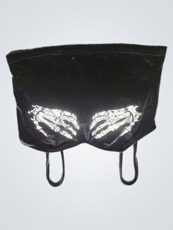 Schwarzes Satin-Trägertop mit Strass-Skelett-Händen