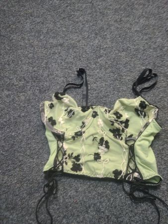 Green Corset Top with Black Floral Embroidery