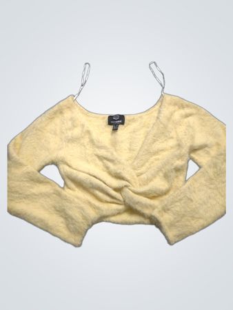 PETITE THREADBARE DENIM CORPS yellow fuzzy twist front long sleeve top