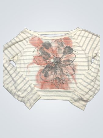 White Long Sleeve Cropped Top with Floral Graphic and Striped Sleeves