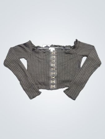 Top corto a costine "Love Fire" nero con scollo a spalle scoperte e maniche lunghe
