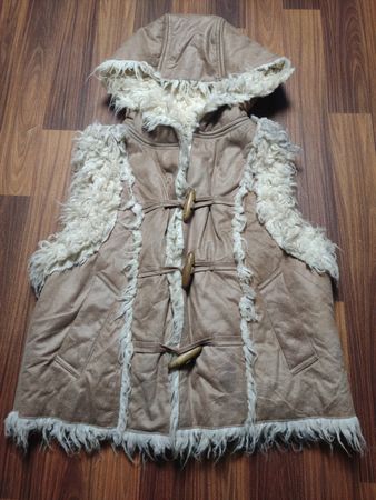 Tan Hooded Vest with Fur Trim