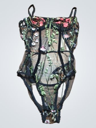 Sheer Black Bodysuit with Floral Embroidery