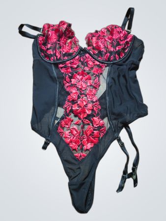Black Bodysuit with Red Floral Lace