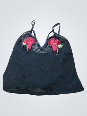 Black Camisole with Red Rose Embroidery