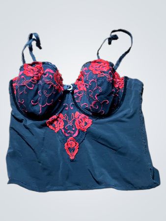 Black Bustier Top with Red Floral Details