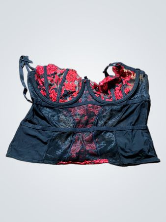Black Lace Trim Camisole with Red Floral Details