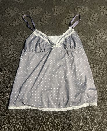 Gray polka dot camisole with white lace trim