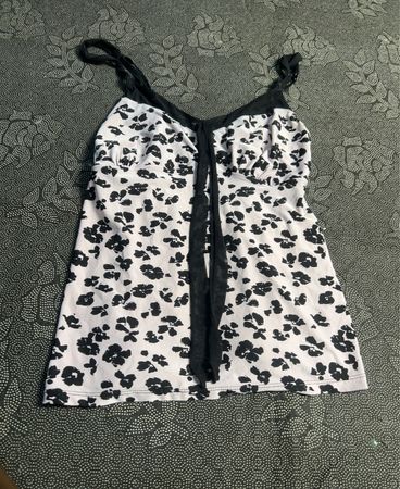 Black and white floral print camisole with black trim