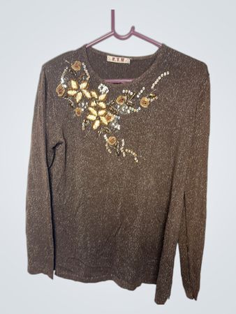 R.T.W. Brown Sparkly Beaded Floral Long Sleeve Top