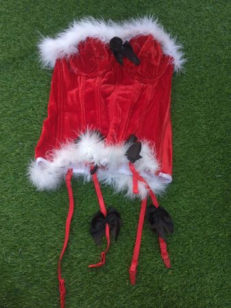 Red and White Fur-Trimmed Corset