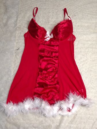 Red Lingerie Chemise with White Fur Trim