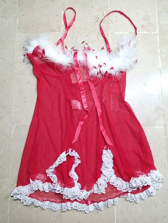 Red Lace-Trimmed Chemise with Feathers