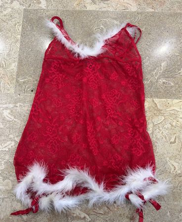 Red Lace Chemise with White Fur Trim